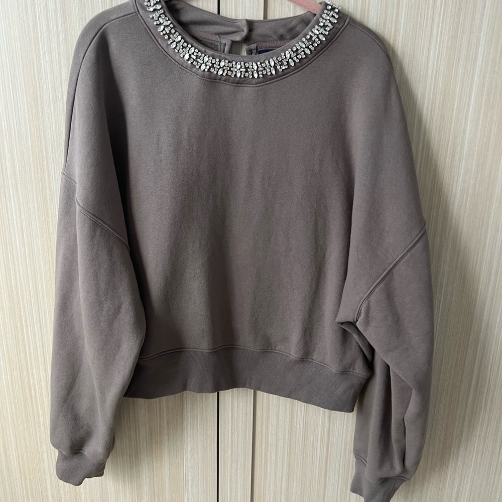 GAP Taupe Sweatshirt with Rhinestone Neckline LG